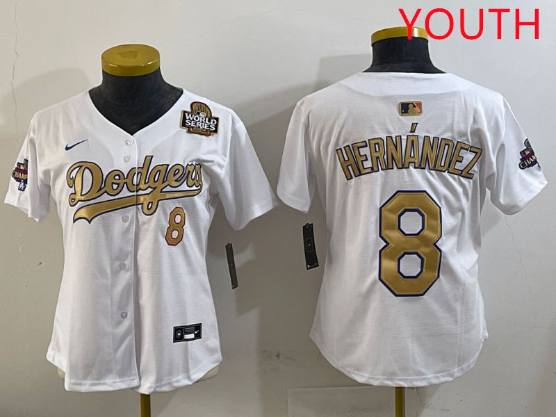 Youth Los Angeles Dodgers 8 Hernandez White Gold Game Nike 2025 MLB Jersey style 4296